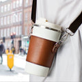 Customized Popular Fashion PU Leather Crossbody Bag Chains Brown Milk Tea Outdoor Camping Drinks Coffee Cup Sleeve Belt