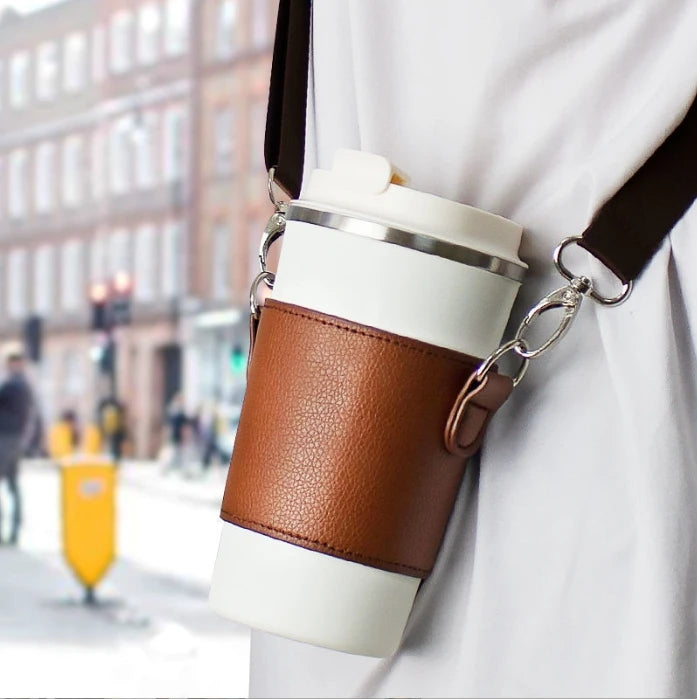 Customized Popular Fashion PU Leather Crossbody Bag Chains Brown Milk Tea Outdoor Camping Drinks Coffee Cup Sleeve Belt