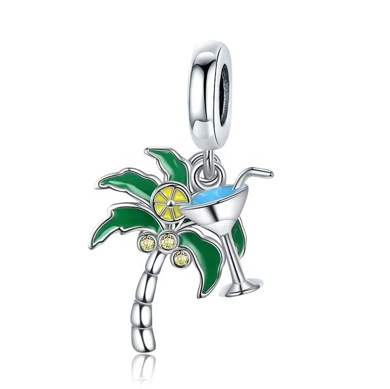 2022 New 925 Sterling Silver Palm Tree & martini European Beads Charms for Bracelet Making