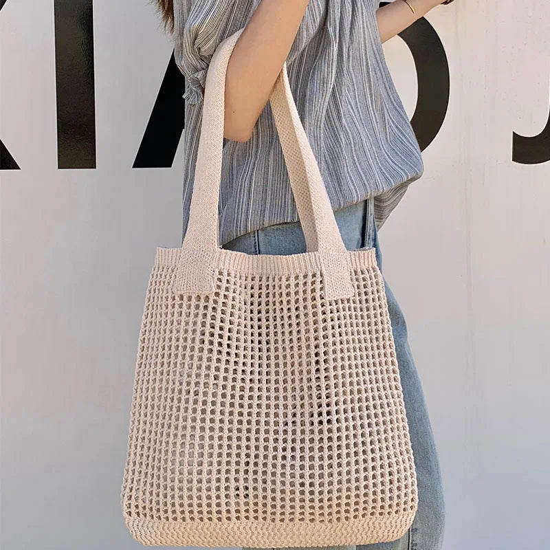 Large Capacity Women's Simple Shoulder Bag Knitted Hollow Purses for Female Solid Colour Ladies Retro Summer Travel Tote Handbag