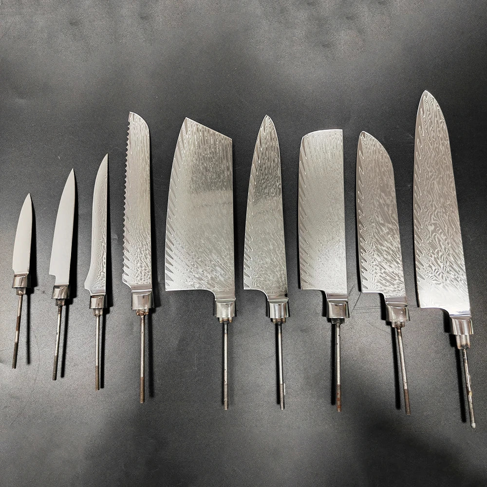 DM10BD1 Ready Install Handles Damascus Knife Blades Rat-Tailed Tang Feather Texture Sharp Knife Blades for Knife Making Damascus