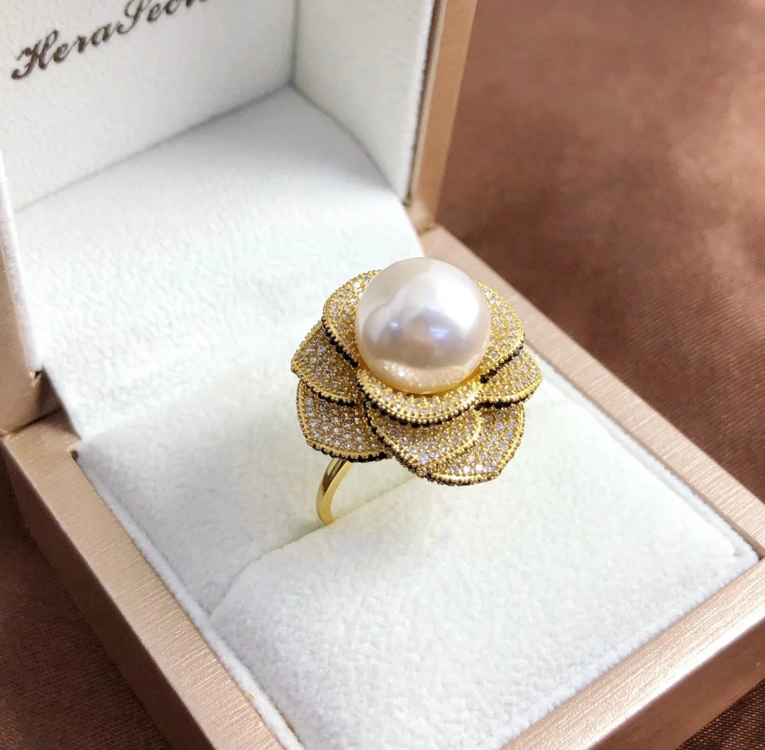 R967 11-12mm Natural Freshwater Pearl Ring Accessory 925 Sterling Silver Adjustable Size Engagement Jewelry Ring for Women