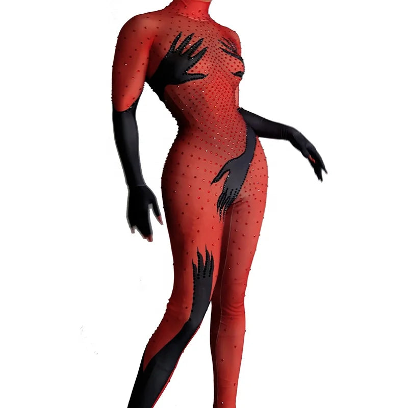 Fashion Transparent Birthday Dance Costume Evening Club Bodysuit Women Sexy Rhinestones Outfit Jumpsuit With Gloves