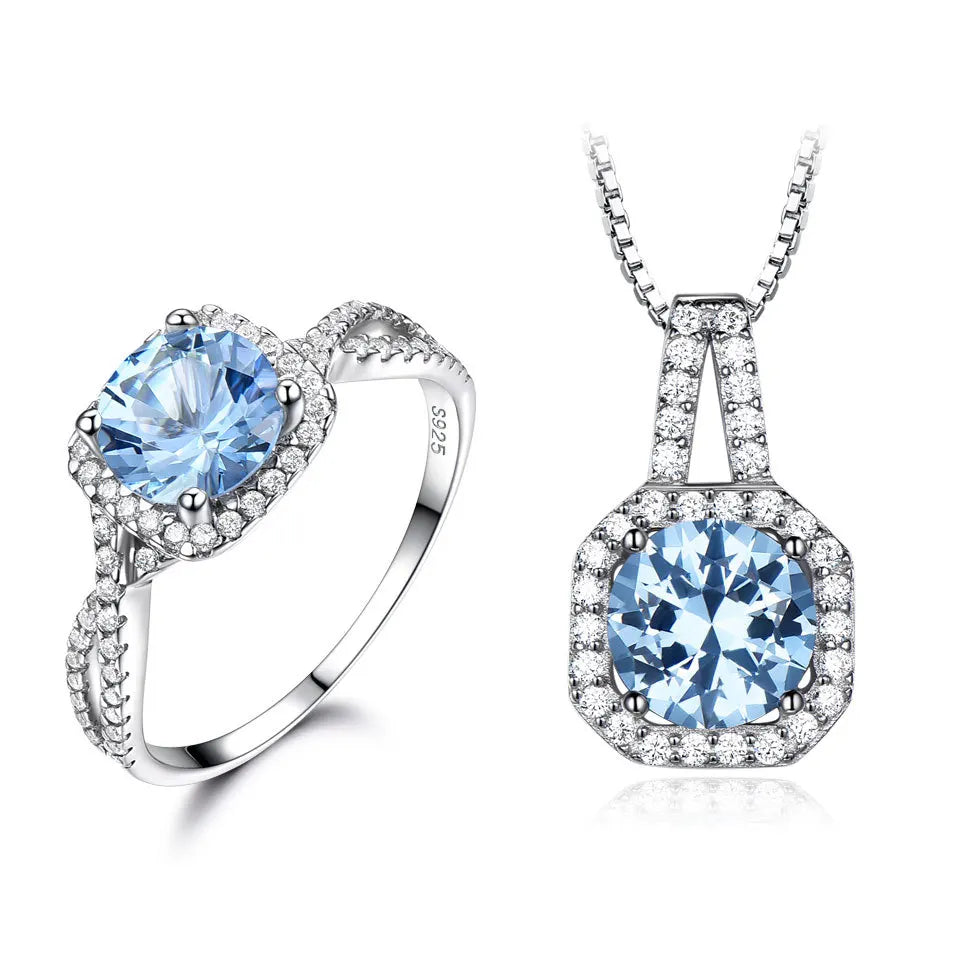 Fine Jewelry Ring and Necklace 925 Sterling Silver Sky Blue Topaz Jewelry Set