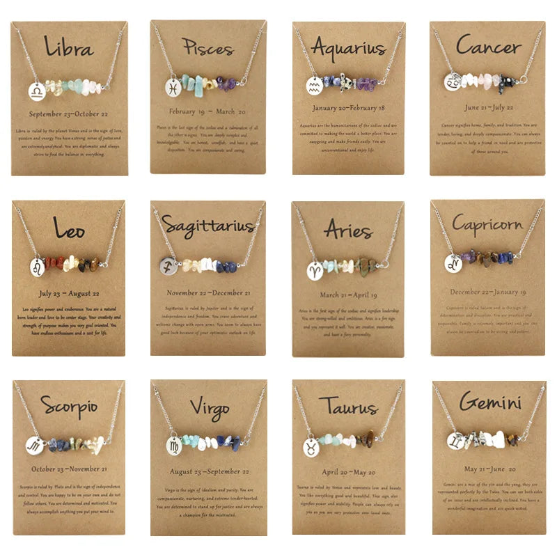 Natural Gemstone Healing Raw Stone Stainless Steel 7 Chakras Beaded Pendant Necklace for Women Birthstone 12 Zodiac Necklace