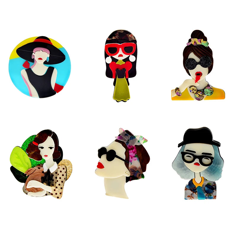 Cute Girl Digital Acrylic Brooch Women Children Cute Glasses Wearing Badge Lady Lapel Pin Fashion Party Jewelry Gift