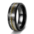 OAHLAN Fashion Male Jewelry 8mm Hammered Black Tungsten Rings with Gold Guitar String Antler and Silver Silk Inlay for Men