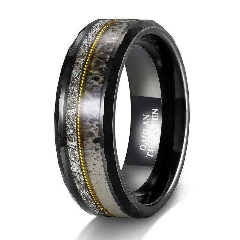 OAHLAN Fashion Male Jewelry 8mm Hammered Black Tungsten Rings with Gold Guitar String Antler and Silver Silk Inlay for Men