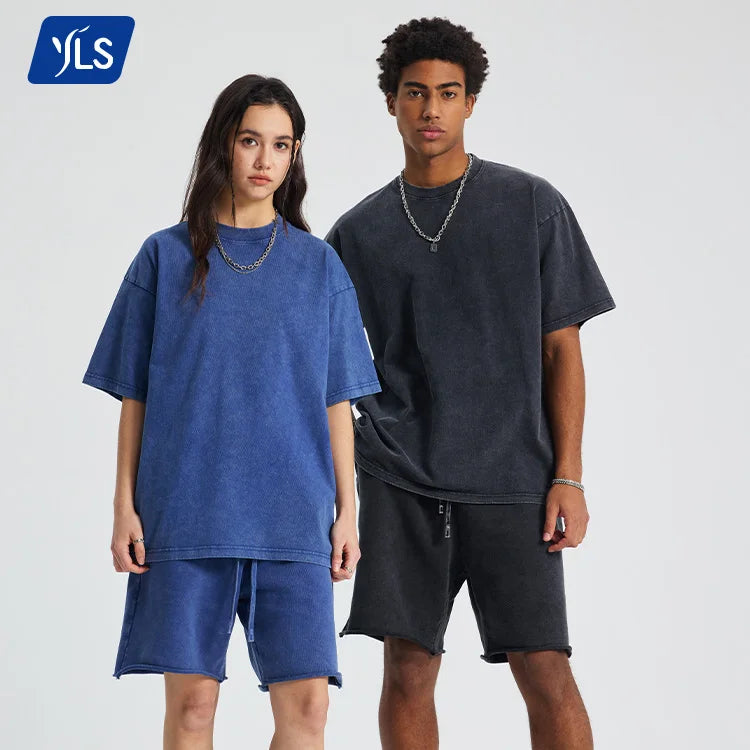 YLS5053 Print on Demand Mens Jogger Sets 400GSM Pique Oversized Raw Hem Batik Wash Blank 2 Piece T Shirts Shorts Lounge Set
