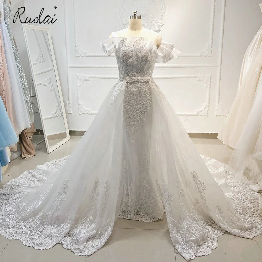 Ruolai QW01762 Detachable Removable Lace Wedding Dress One-shoulder Appliqued Mermaid Bridal Dress