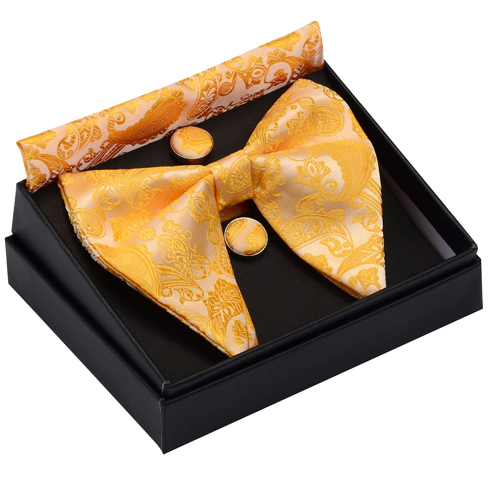 Fashion Silk Pasley Floral Big Bowtie Jacquard Bow Tie Set With Pocket Square and Cufflinks With Luxury Box Gift for Men