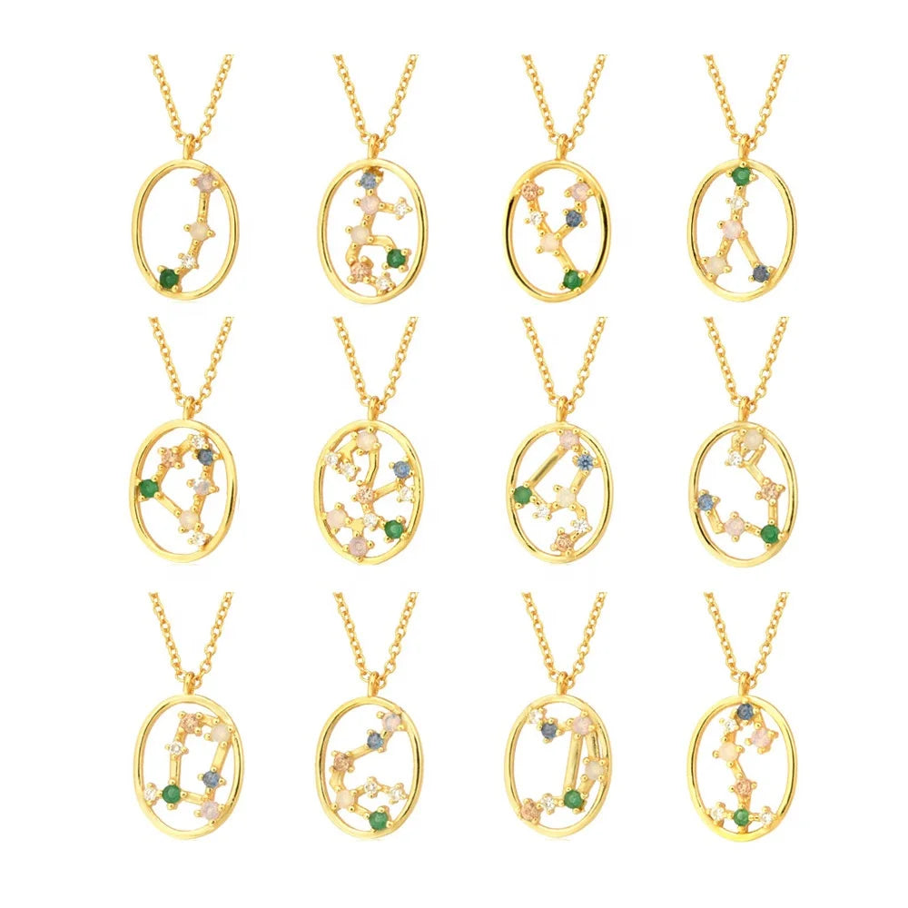 FUAMAY Fashionable Link Chain Necklace Sterling Silver Rainbow Stone Zodiac Pendant Classic Style for Wedding or Gift