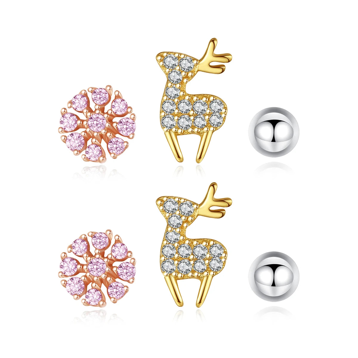 CZCITY Micro Inlaid Zircon Stud Earrings S925 Sterling Silver Snow Flower Earrings 3 Pairs Simple Deer Stud Earring Sets