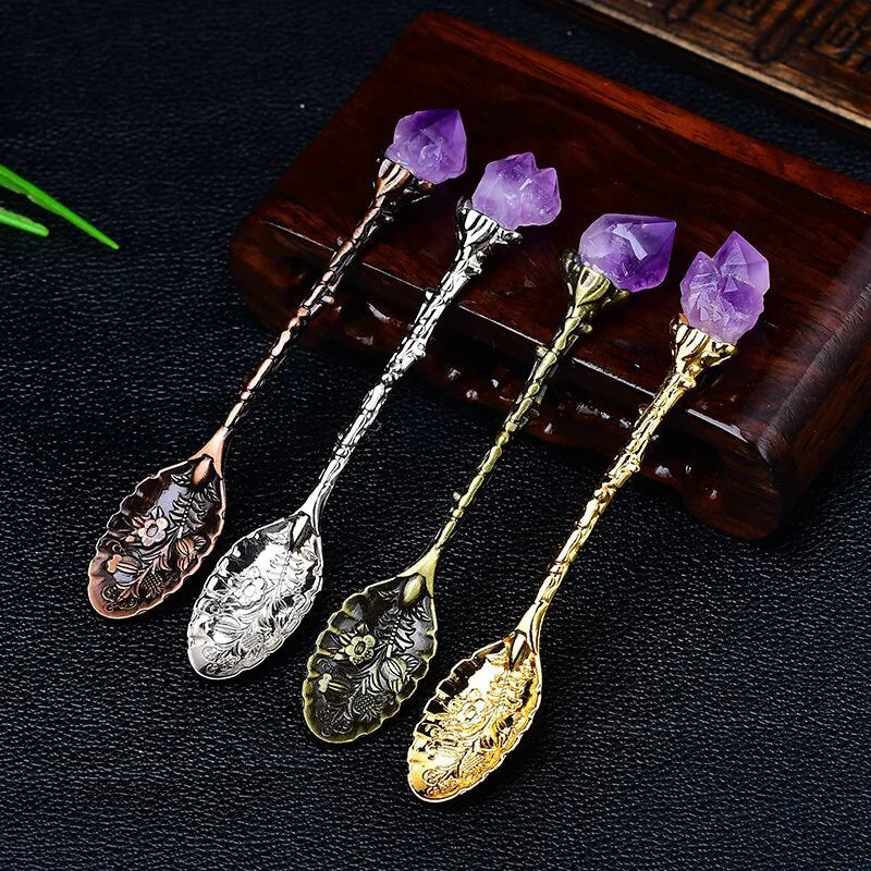 Uruguayan Natural Amethyst Spoon with Creative Carving and Long Handle for Stirring Amethyst Raw Stone Gravel Materials