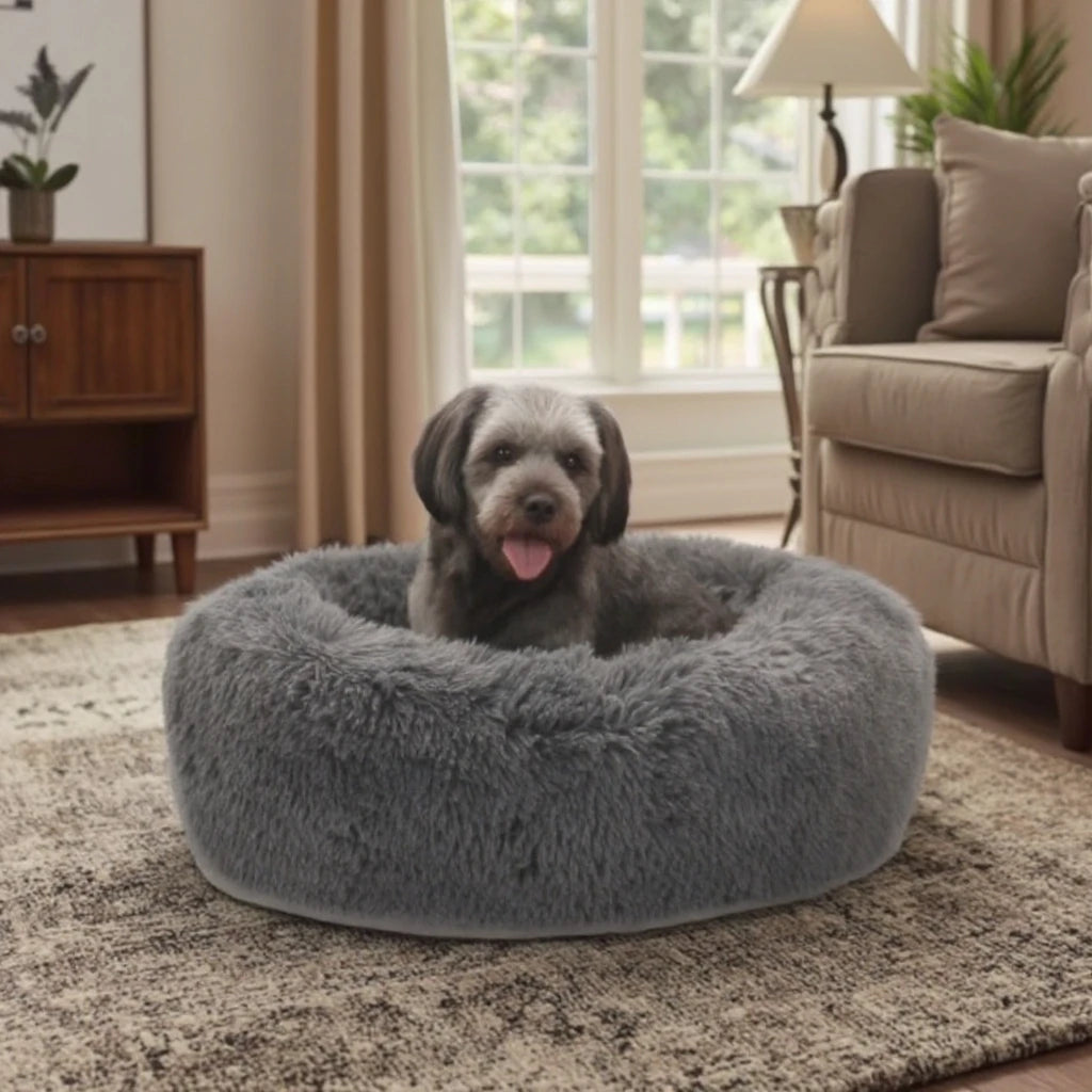 Luxury Plush Pet Round Bed Soft Faux Fur Donut Bed for Dogs and Cats Solid Pattern