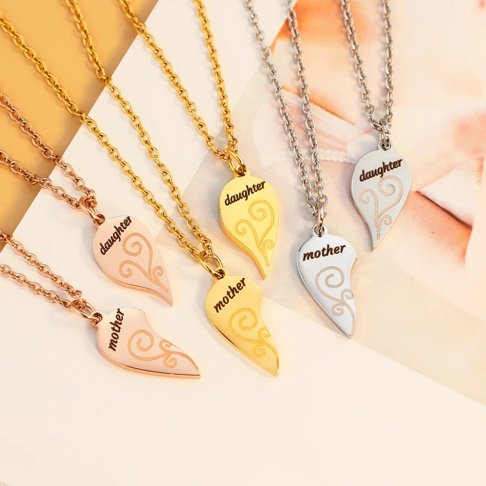 Custom Engraved Stainless Steel Broken Heart Charms Stitching Matching Two Halves Split Heart Charms Necklace