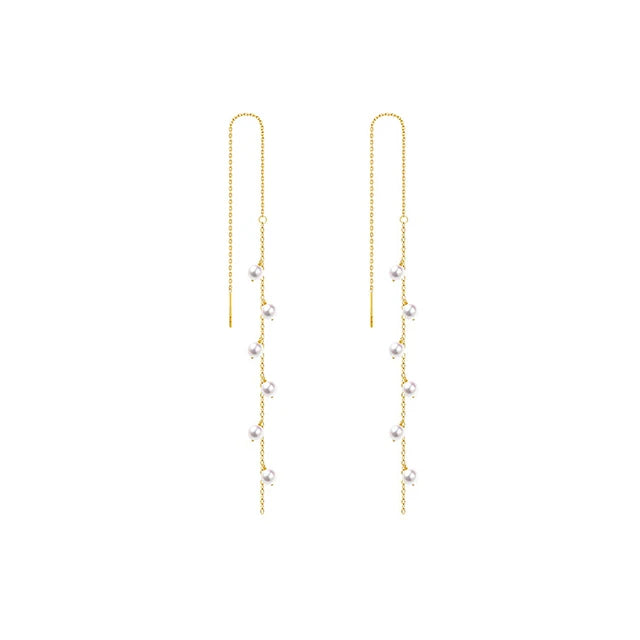 Wholesale Lucy Jewelry Women's 18K Yellow Gold AAAAA Grade White Akoya Pearl Beaded Long Drop Earrings 14.5CM