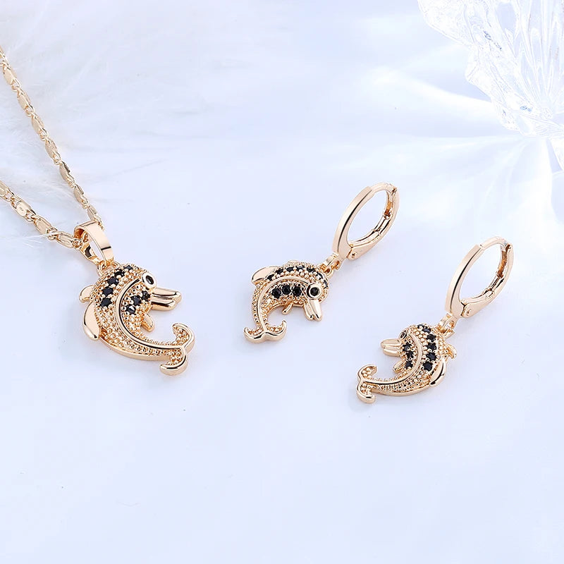 Dolphin Golden Matching Earring and Necklace Set of Jewelry Gold Plated Classy Women Jewelry with Cubic Zirconias