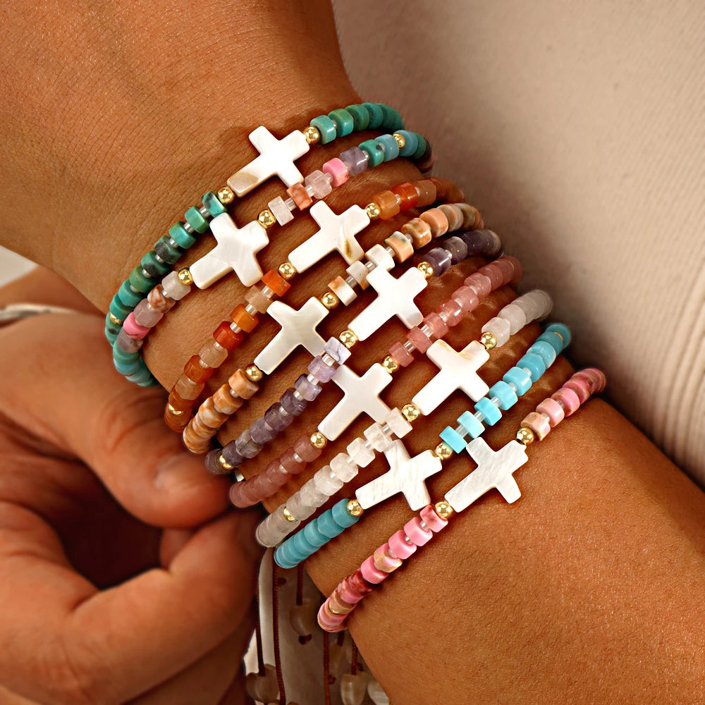 Handwoven Rope Knot Charm Stone Beaded Cross Bracelet Christian Easter Fashion Jewelry Bracelet Gifts for Girls Boys Adults