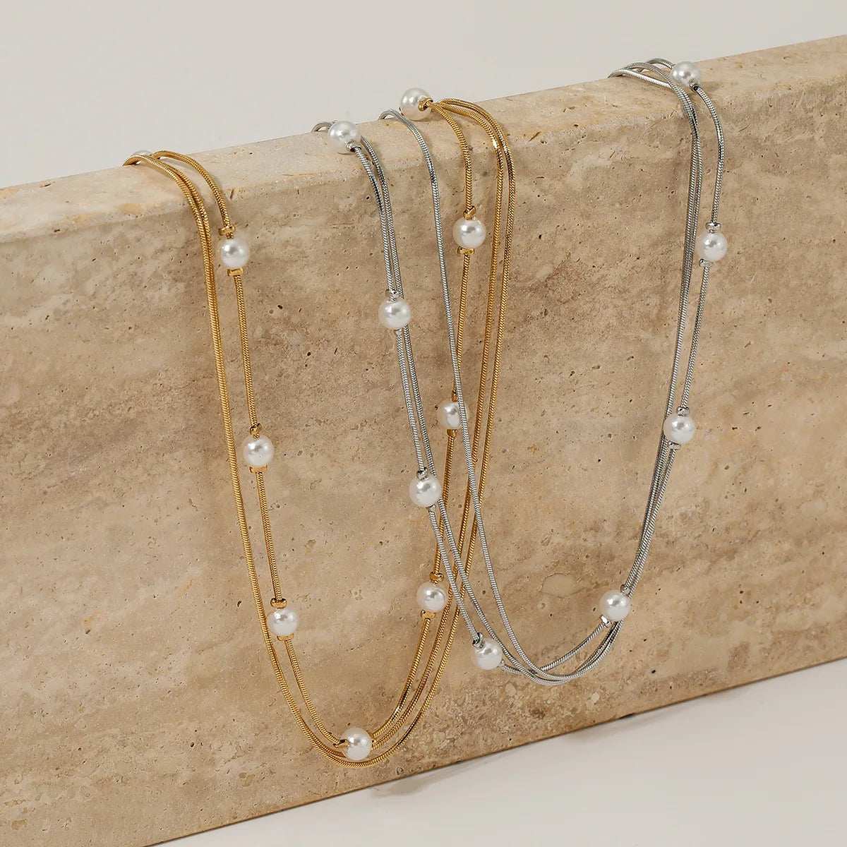 Minimalist 18K Gold Plated Stainless Steel Triple Layered Link Chain Necklace Trendy Pearl Snake Bone Stacking Design