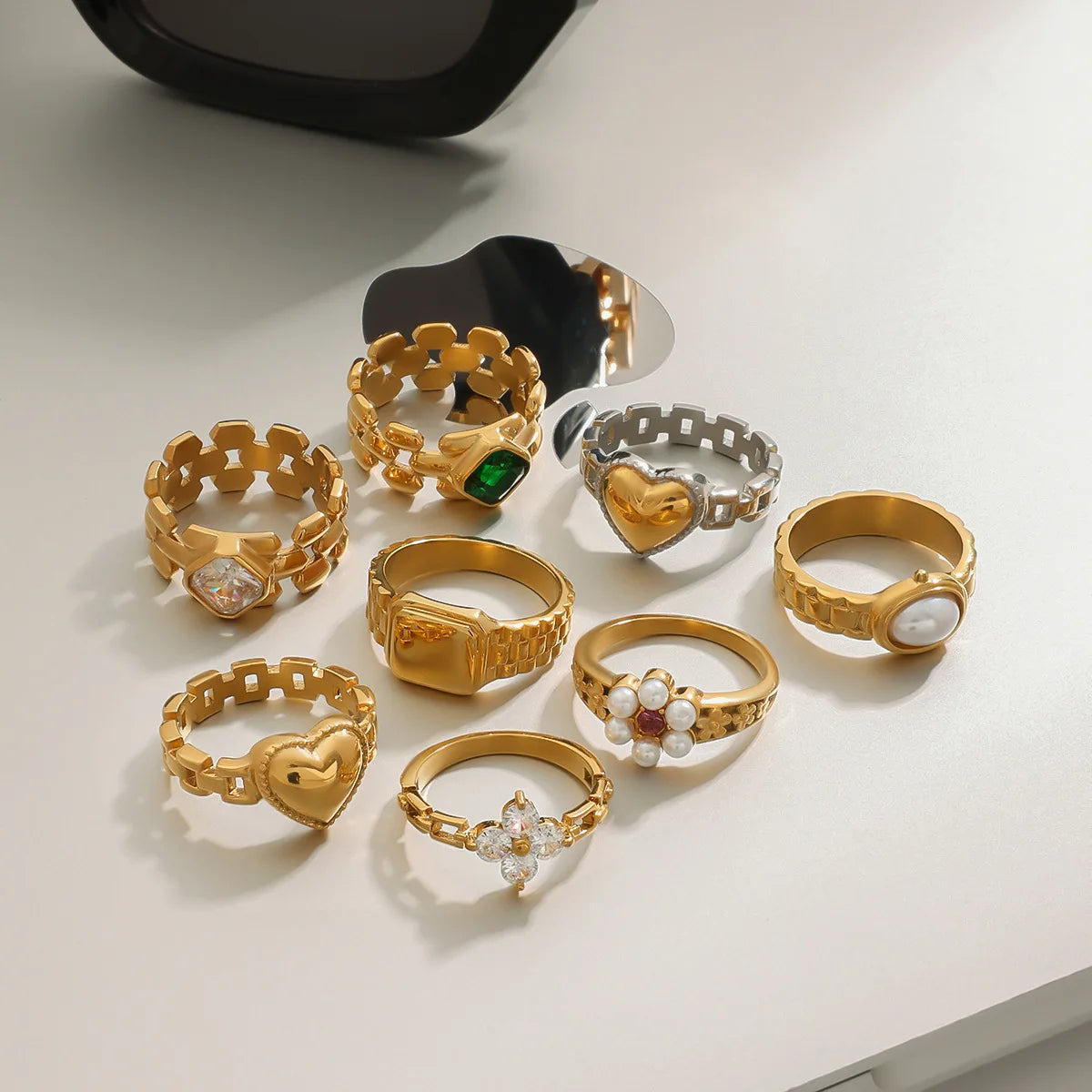 Multiple Shape Colorful Gemstone Set Stainless Steel Rings Non-Allergic Gold PVD Plated Pearl Inlaid Finger Band Zircon Rings