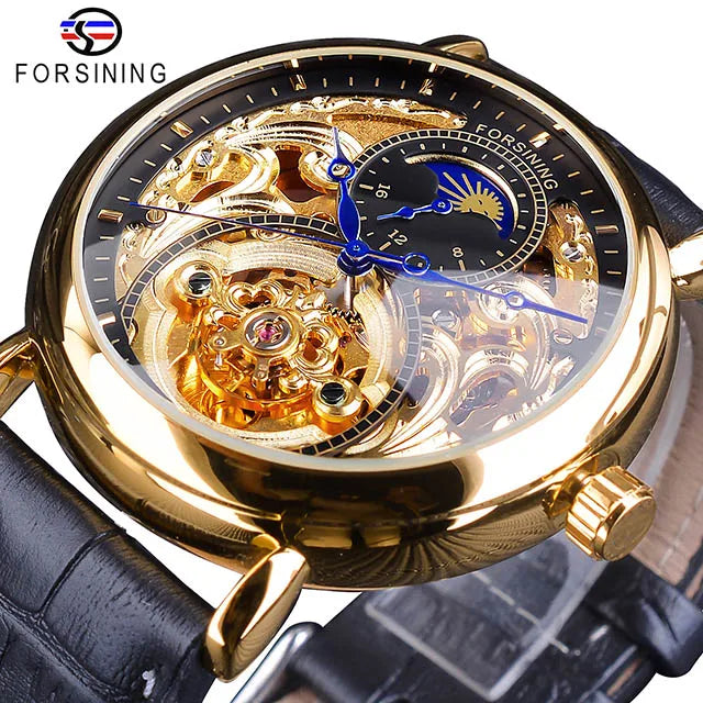 Forsining Men Luxury Gold Display Leather Moonphase Fashion Hand Skeleton Waterproof Men Automatic Mechanical Watches Men Wrist