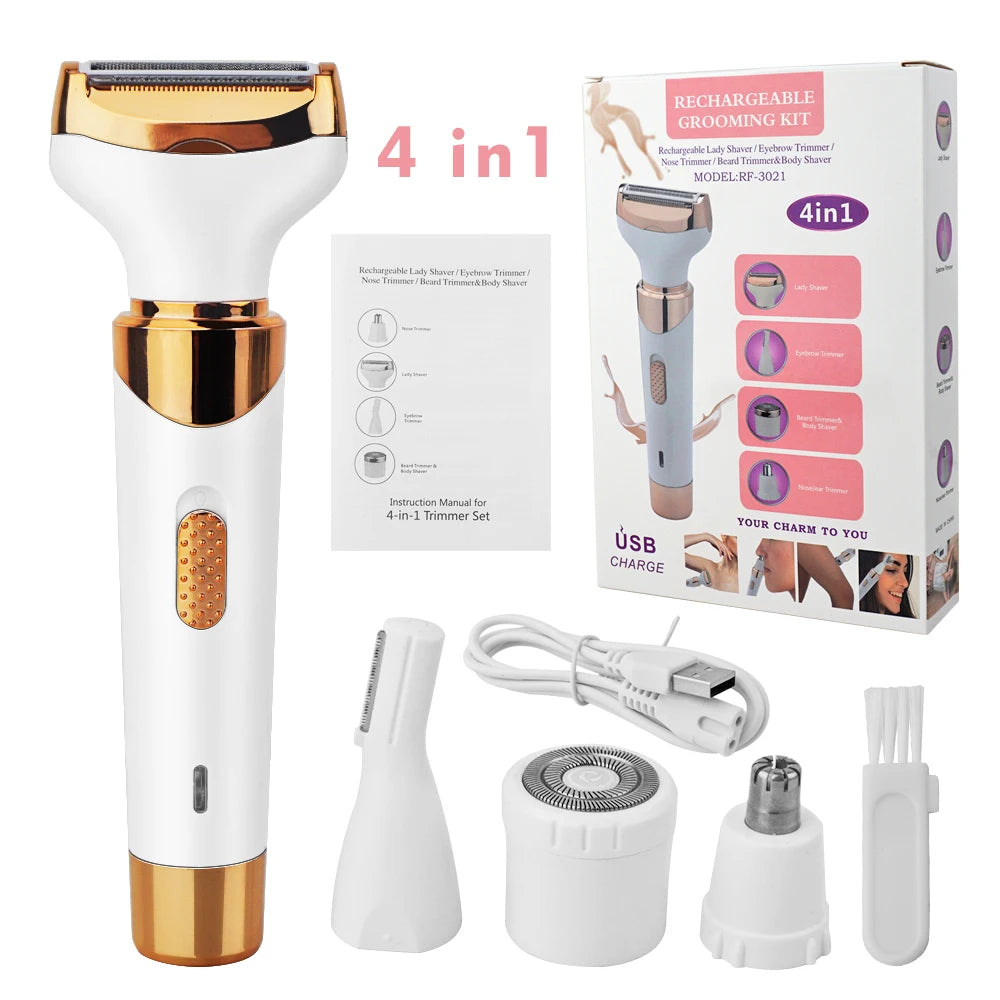 Rechargeable 4 in 1 Cordless Hair Grooming Kit Razor Hair Remover for Women Remove Unwanted Hair