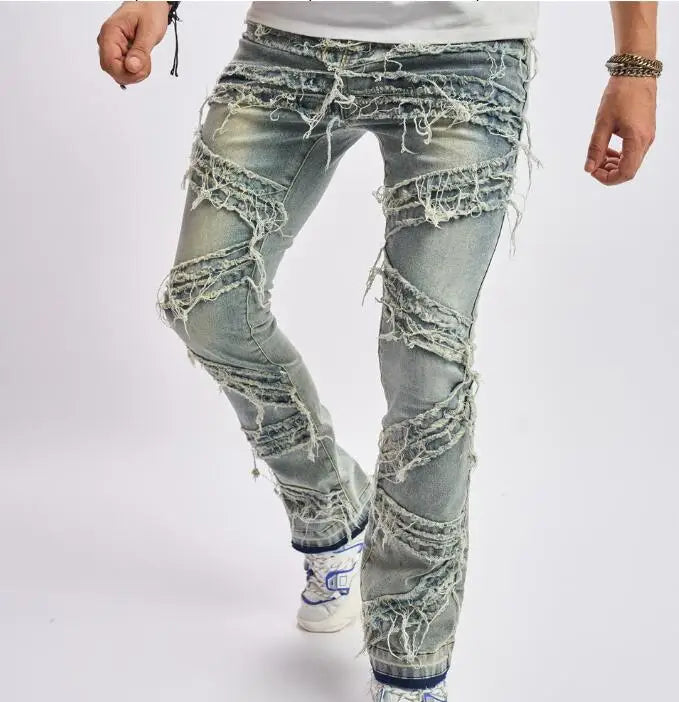 New Hole Men's Jeans Fashionable Elastic Loose Wide Leg Ripped Pants Casual Men's Long Pants
