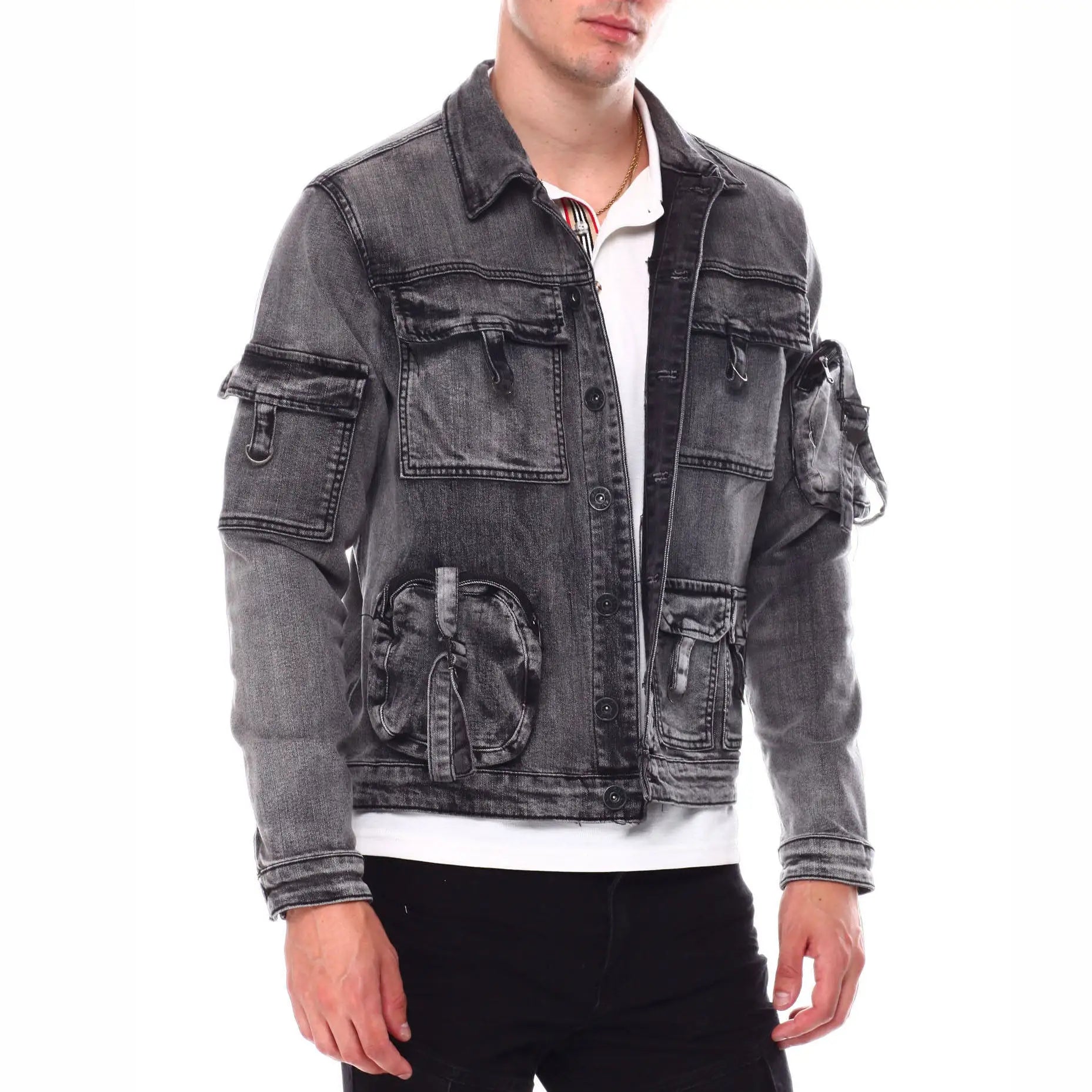 AeeDenim Custom Designers Men's FashionJacket Multi Pockets Black Wash Spread Collar Vintage Denim Stretch Jacket for Men