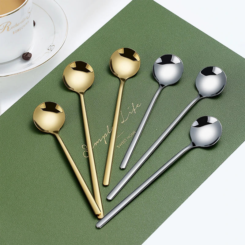 304 Wholesale Long Handle Small Round Tea Spoon Cucharas De Metal Drink Stirring Coffee Fancy Dessert Cake Ice Cream Spoon