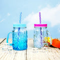 430ml clear Embossed-mason Jar Cold Drink Straw Glass Jar 16 oz Water Fountain Cup with Metal Lid and Handle