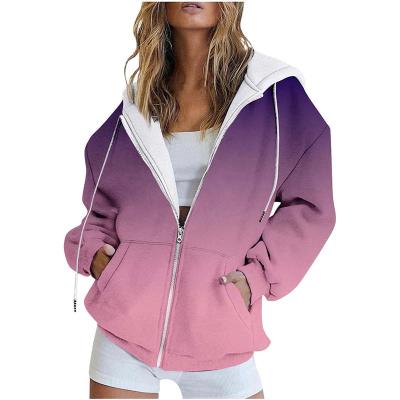 RNSHANGER Front Zip Hoodie for Women Gradient Color Hooded Sweatshirt Drawstring Tracksuit With Pocket Harajuku Cardigan Hoodies