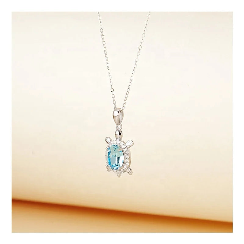 Summer Trendy 925 Sterling Silver Animal Jewelry Cross Chain Blue Swarovski Crystal Sea Turtle Pendant Necklace