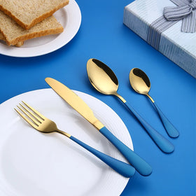 Custom Wholesale Stainless Steel Cutlery Set Blue Gold Flatware