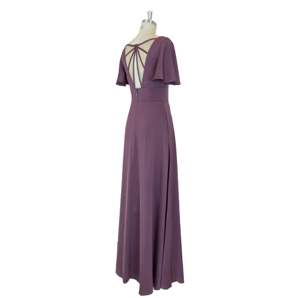 TEENYEE Customizable V-Neck Floor Length Evening Gown Dress Elegant Satin Bridesmaid Dress With Sleeves