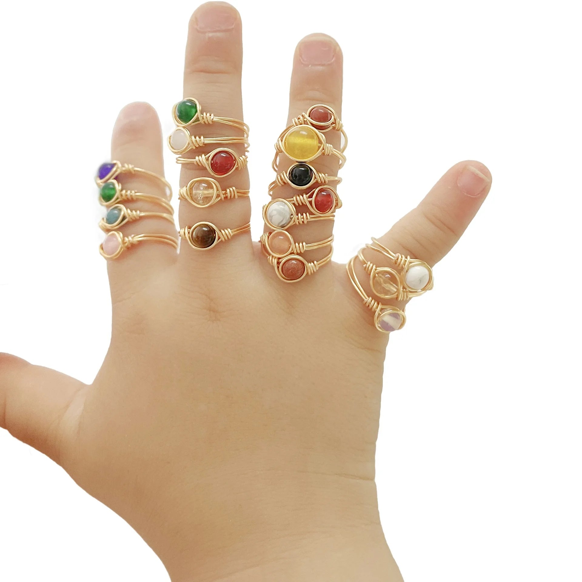 Natural Stone Wire Wrapped Amethyst Lapis Rose Quartz Healing Stone Kids Rings for Women Party Wholesale