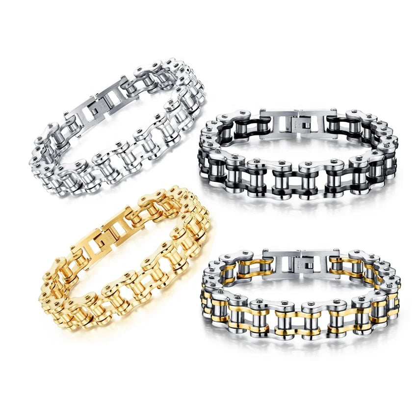 Men's Stainless Steel Bicycle Bangle Bracelet Fashion Biker Charm Gold Plated Pearl Chunky Motorcycle Chain Anniversaries