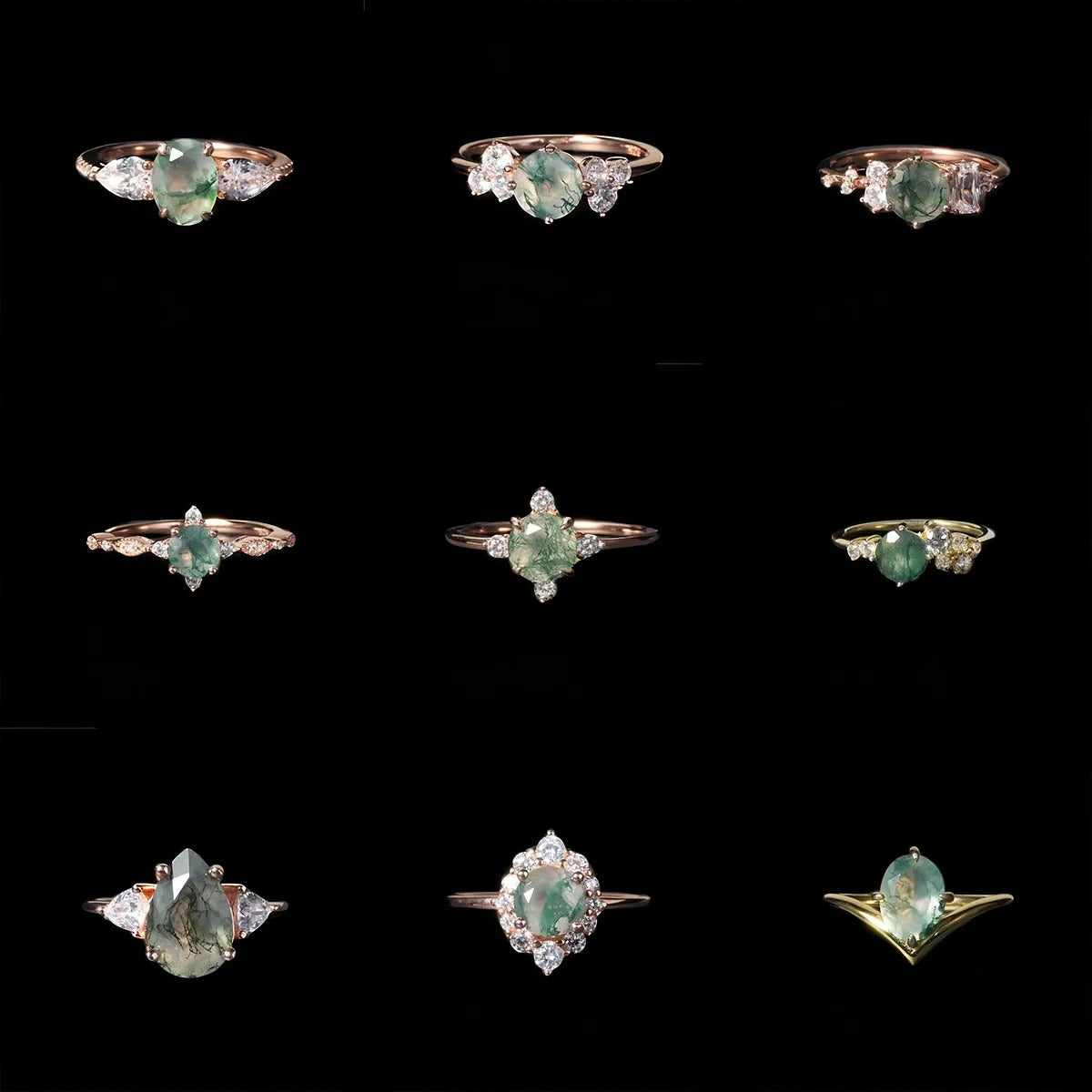 Abiding Wholesale Price Inspired Gold Plated 925 Sterling Silver Natural Green Moss Agate Cubic Zirconia Engagement Bridal Rings