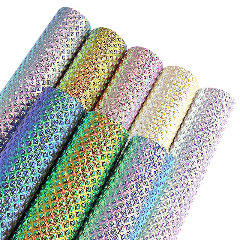 Holographic Plaid Diamond Embossed Cotton Backing Faux Leather for Making Backpack