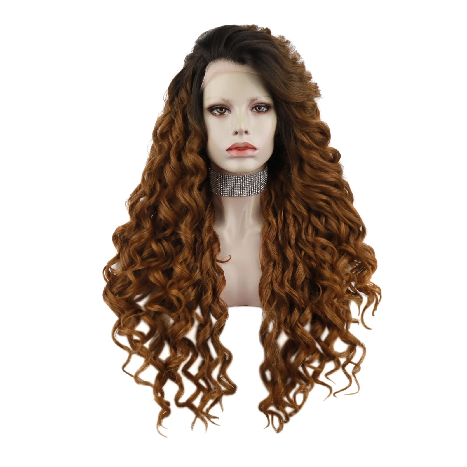 Celebrity  Ombre Black Brown Curly Futura Heat Resistant Henlon Fibre Transparent Synthetic Hair Lace Front Party Wigs
