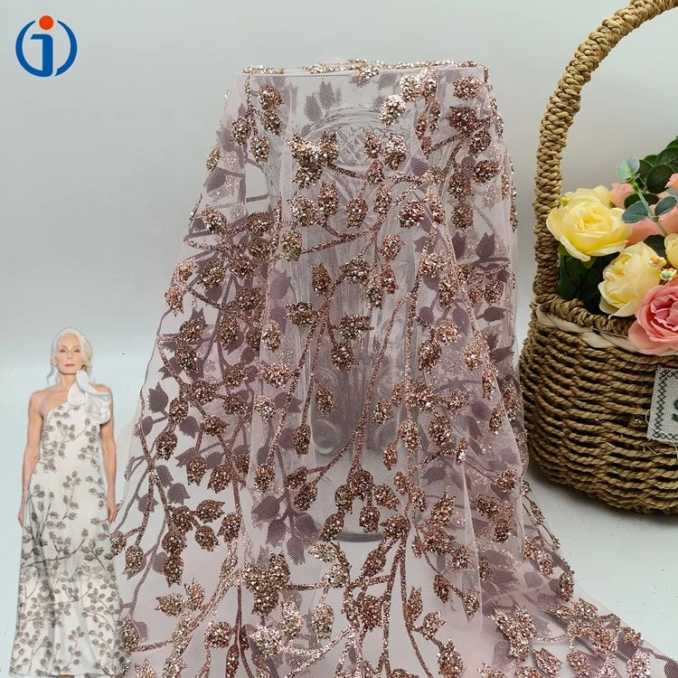 Bling Bling Glitter Rose Gold Pink Floral Lily of the Valley Design Crystal Rhinestone Sequins Fabric for Girl Skirts
