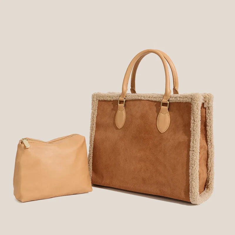 Hot Sell Women Winter Sherpa PU Leather Cube Tote Handbags High Capacity Inside Pouch Comfortable Pu Fur Shoulder Lady Bag