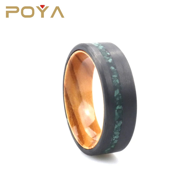 8mm Crushed Turquoise Inlay Beveled Edge Carbon Fiber Ring With Wooden Liner
