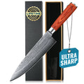 One Piece 8 Inch Ultra Sharp Damascus Kitchen Knife Red Wood Handle Chef Knife