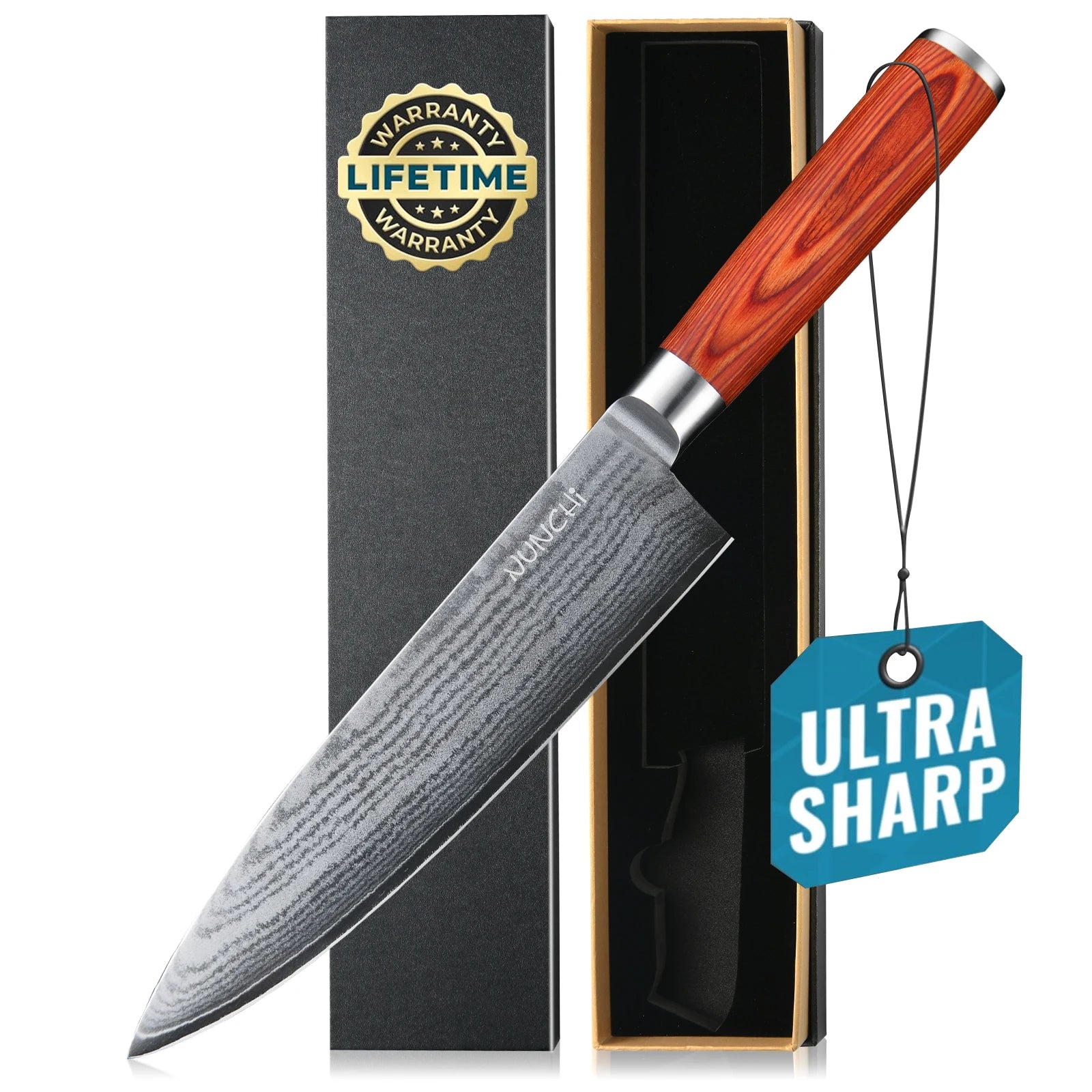 One Piece 8 Inch Ultra Sharp Damascus Kitchen Knife Red Wood Handle Chef Knife