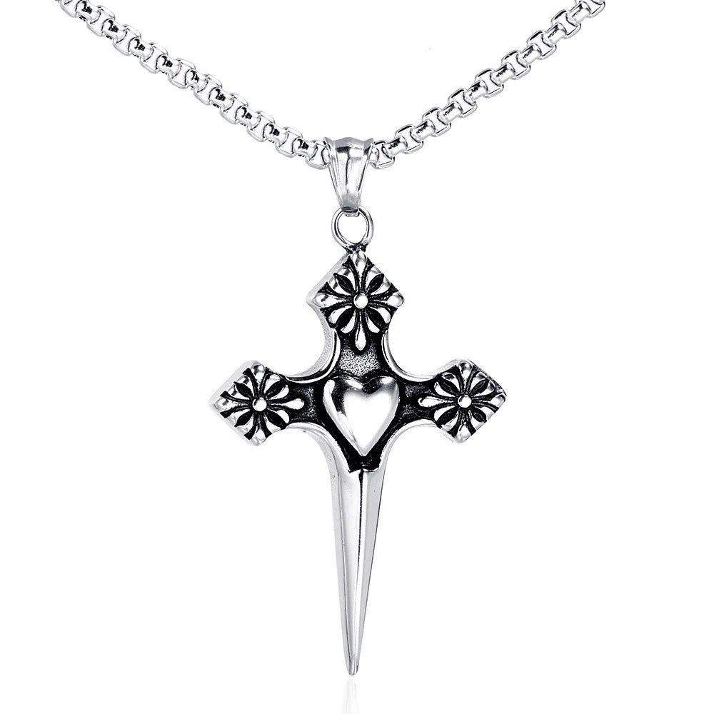 European Fashion Hotsale Vintage Love Religious 316L Stainless Steel Cross Heart Pendant Necklace