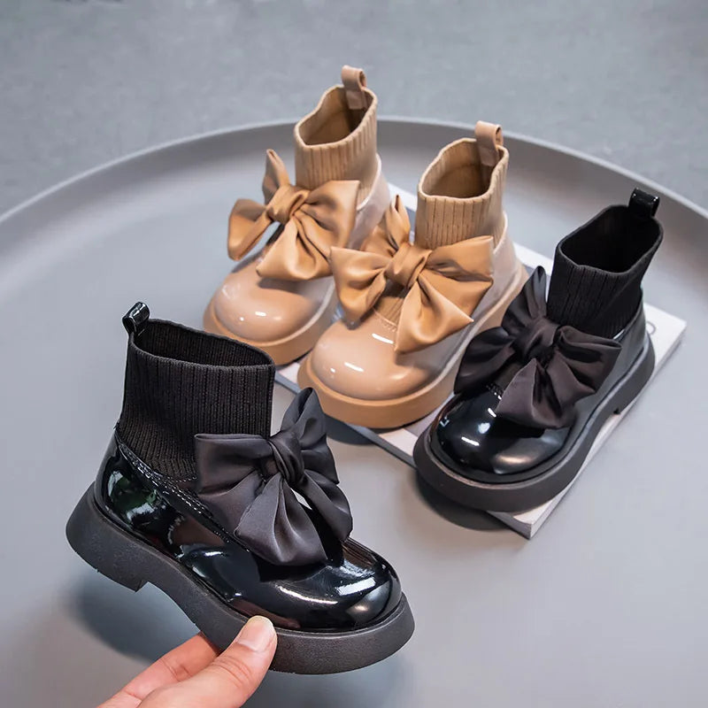 Classic Sweet Solid Color Cozy Warm PU Anti-slip Bow Princess Boots Trendy Girl Sock Boots in Autumn and Winter