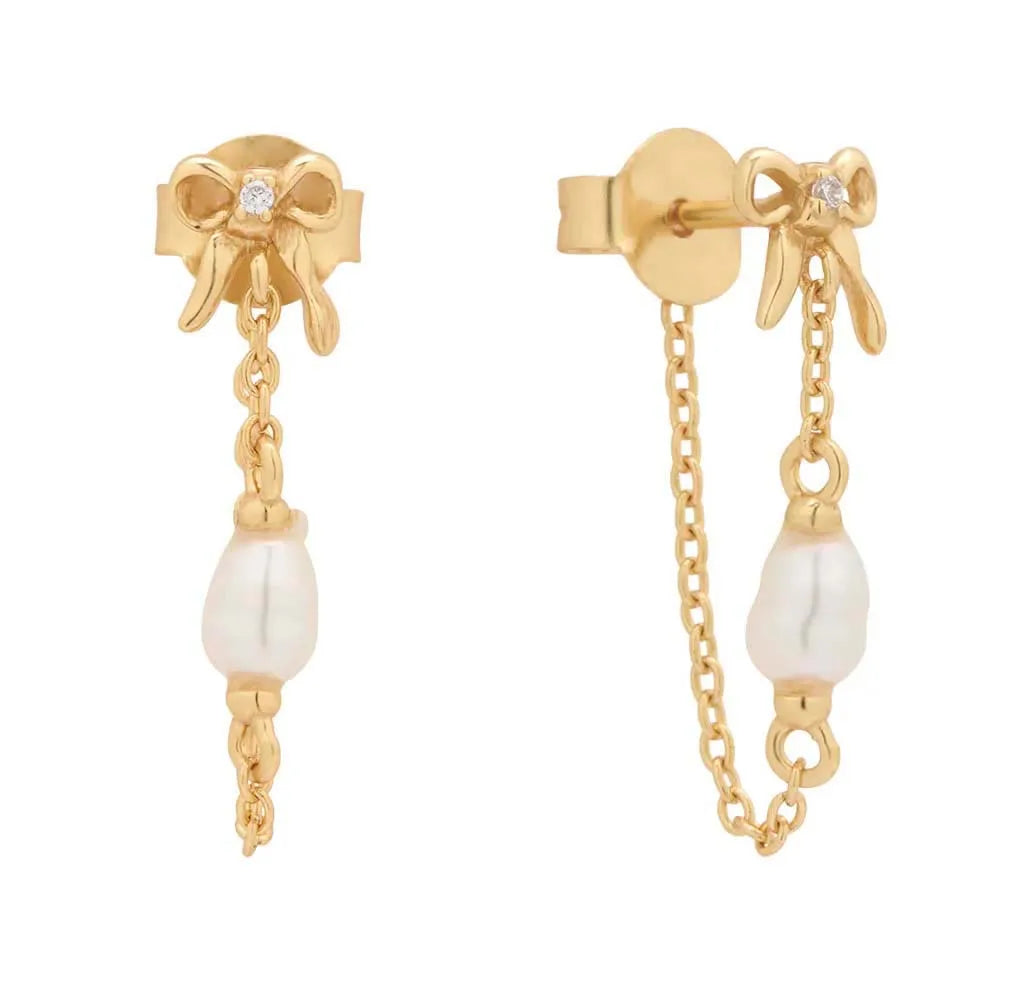 Large 925 Sterling Silver 18K Gold Plated Bow Pearl Stud Earrings Engagement Jewelry Children Bezel Setting Anniversary Party