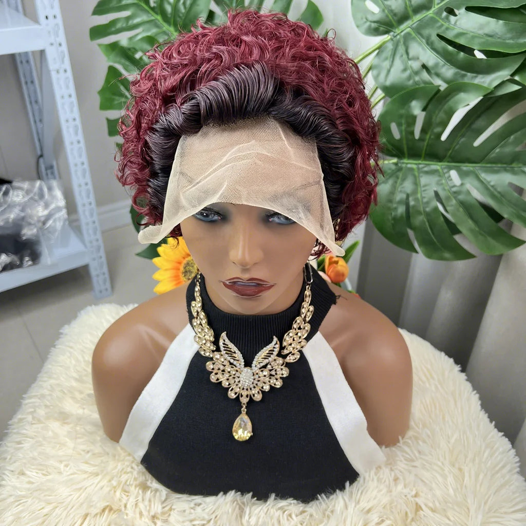 Cheap Pixie Short Curly bob 99J Burgundy Raw Indian Hair Virgin Human Wig 13x1 Frontal Short Curly Wig Pixie Cut Human Hair Wig