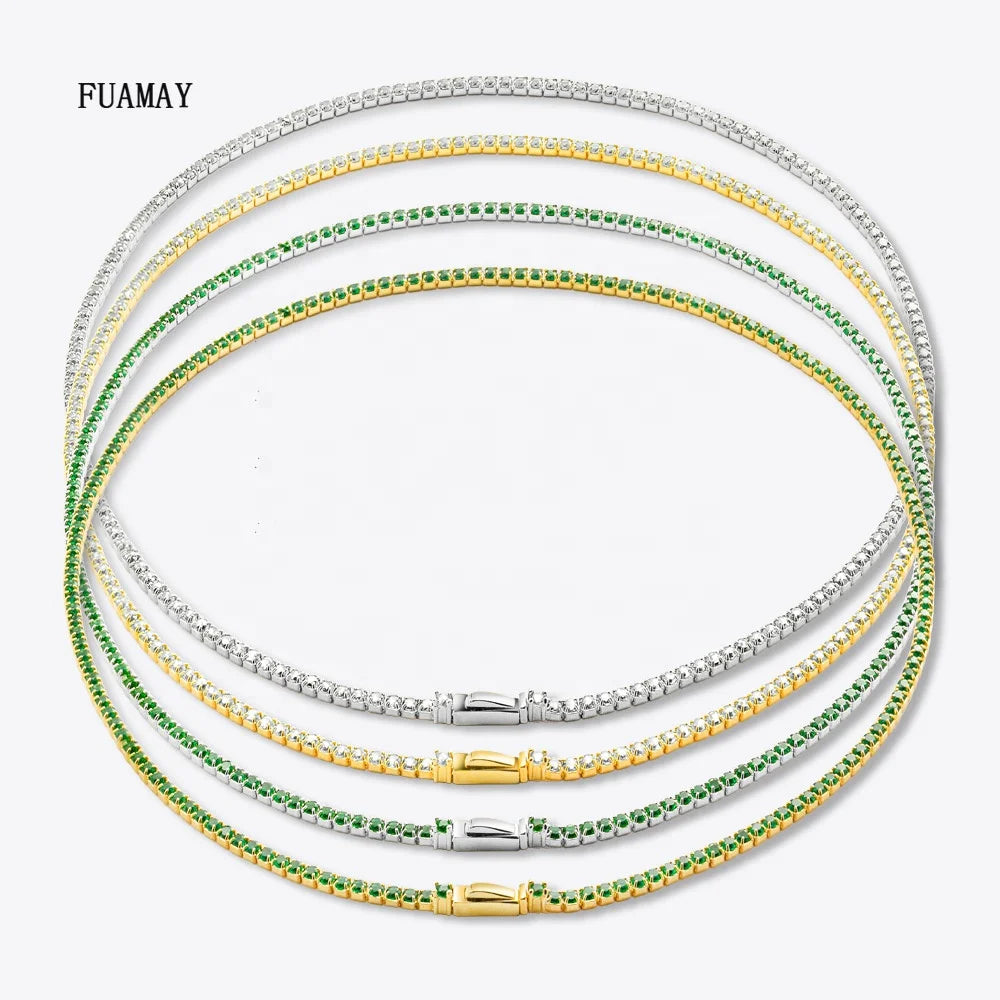 FUAMAY Woman Man 2MM Diamond Tennis Necklace 925 Sterling Silver Green White CZ Stone Tennis Chains